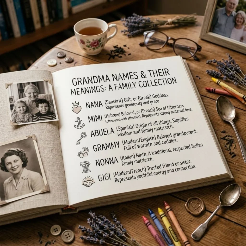 Open scrapbook showing popular grandma names and their meanings beside vintage family photographs