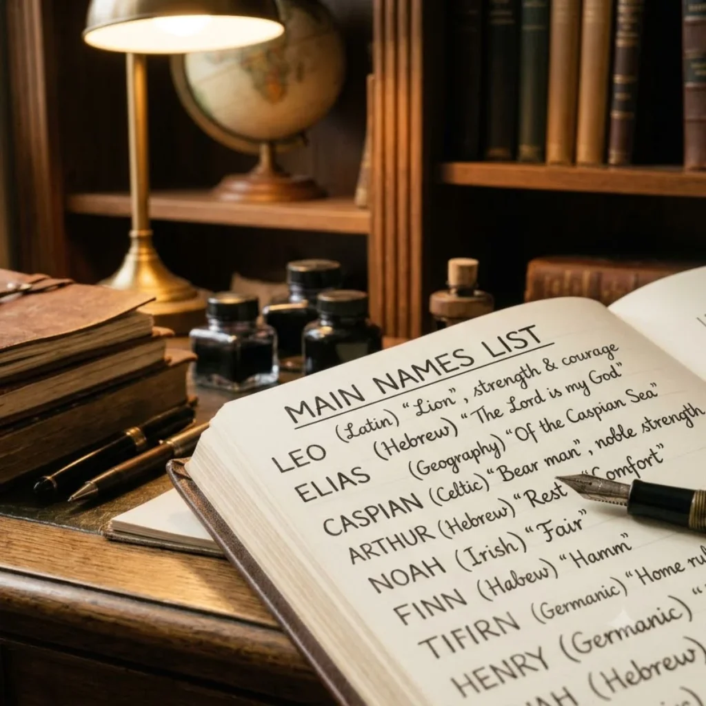 Open journal showing a handwritten main names list with origins and meanings on a wooden desk.
