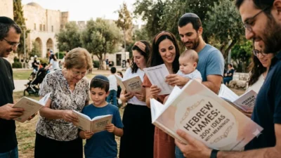A multi-generational family outdoors looking at books with the title Hebrew Names 200+ Ideas with Meanings.