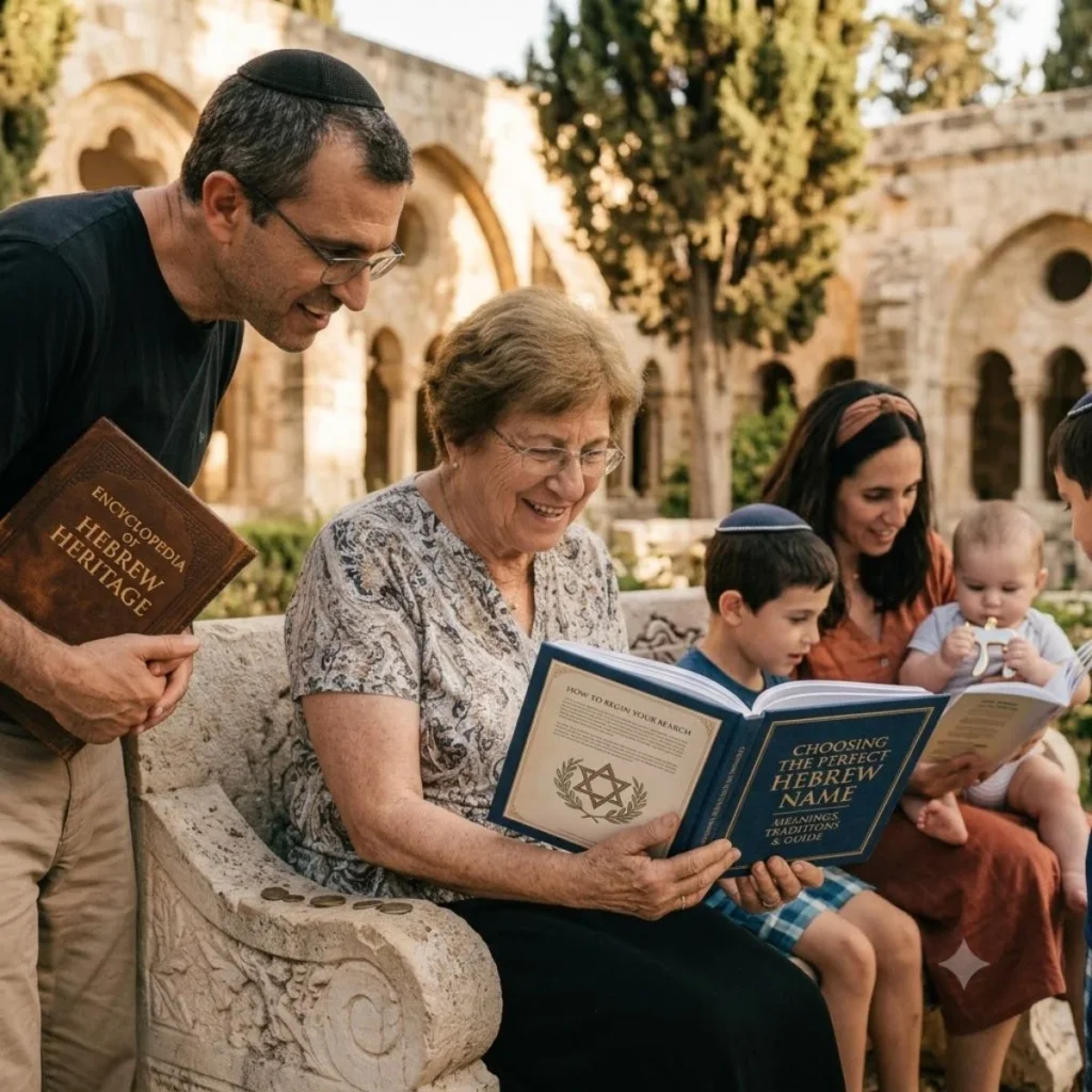 An older woman holding a book titled Choosing the Perfect Hebrew Name while sitting outdoors with her family.