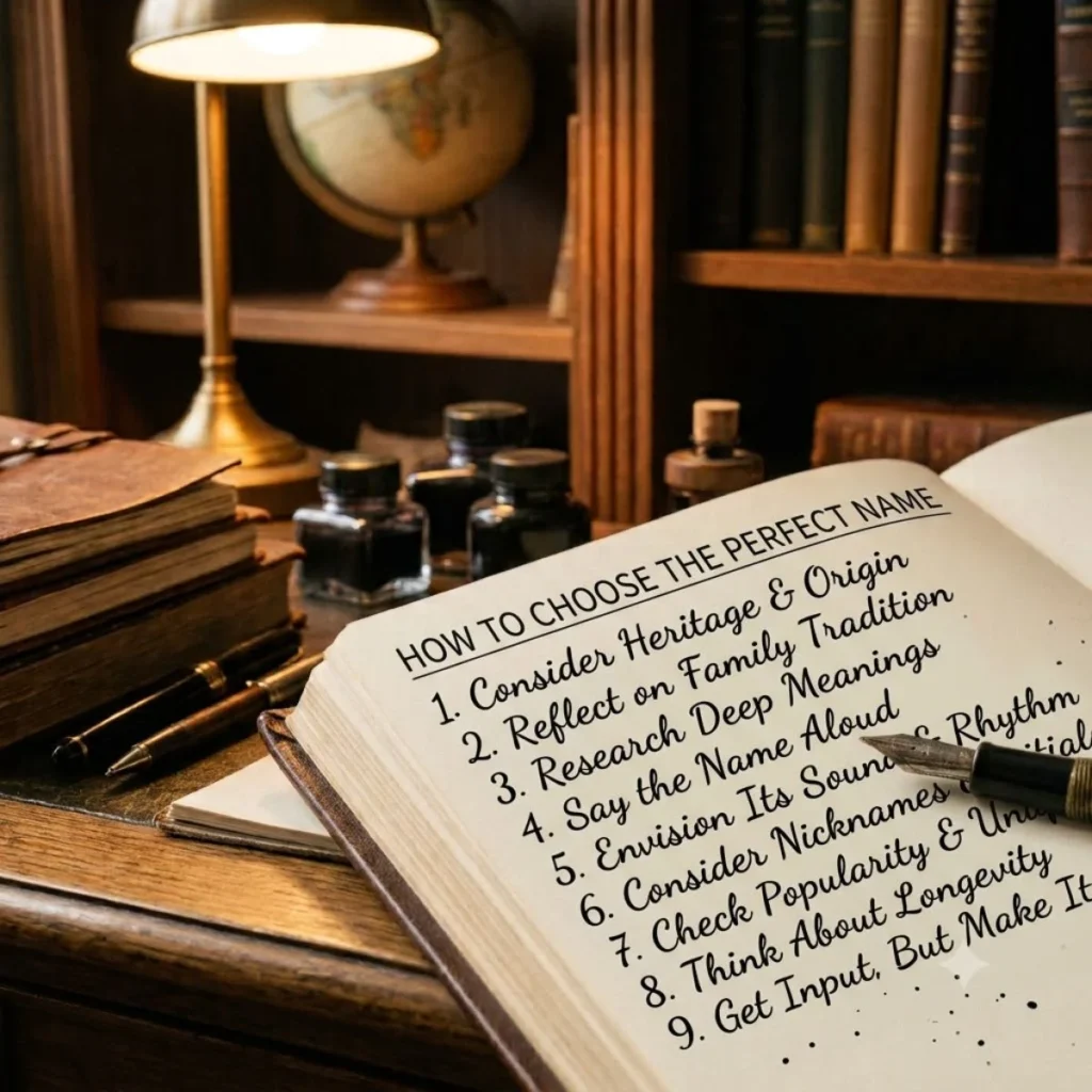 Open journal listing tips on how to choose the perfect name on a wooden study desk with a fountain pen.