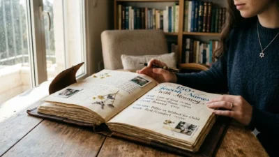 Woman holding a pen over a vintage journal displaying Jewish names and meanings with a Star of David necklace.