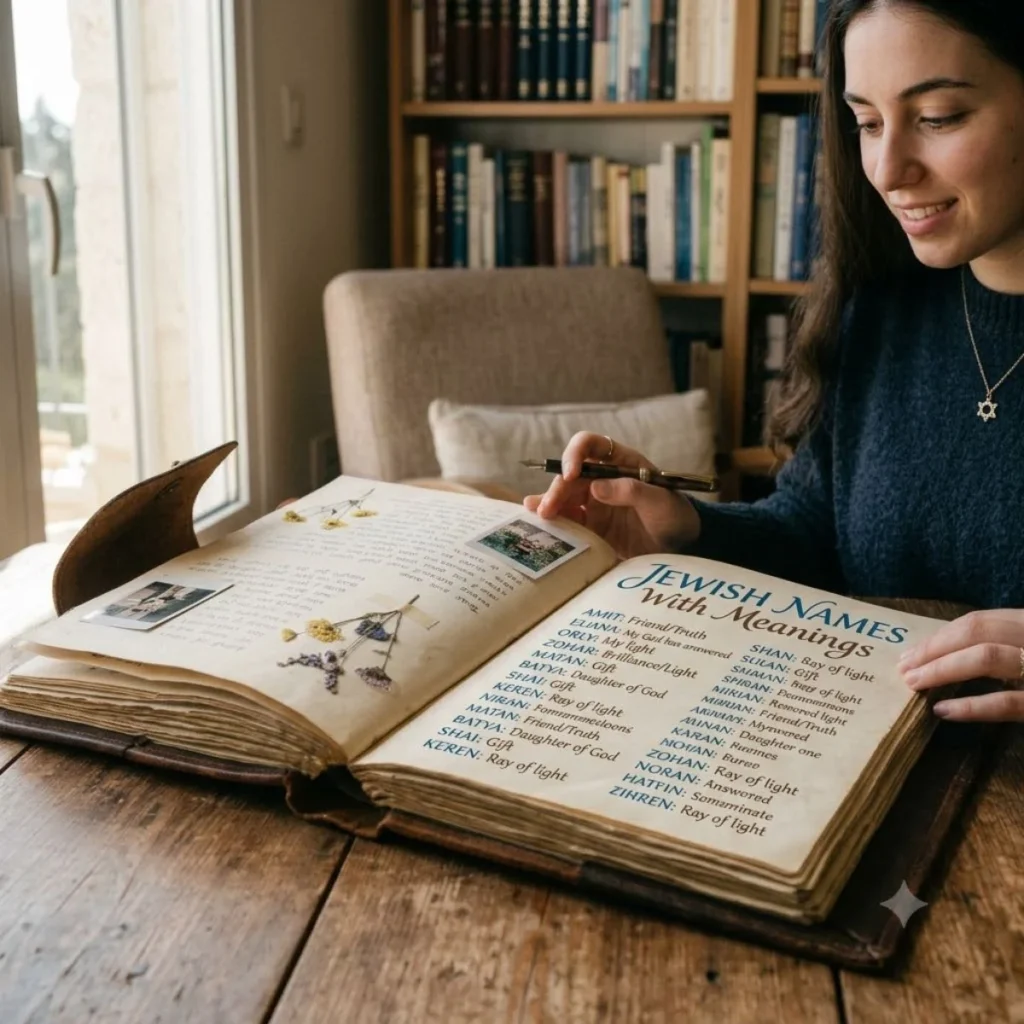 Smiling woman wearing a Star of David necklace next to an open book of Jewish names with meanings.