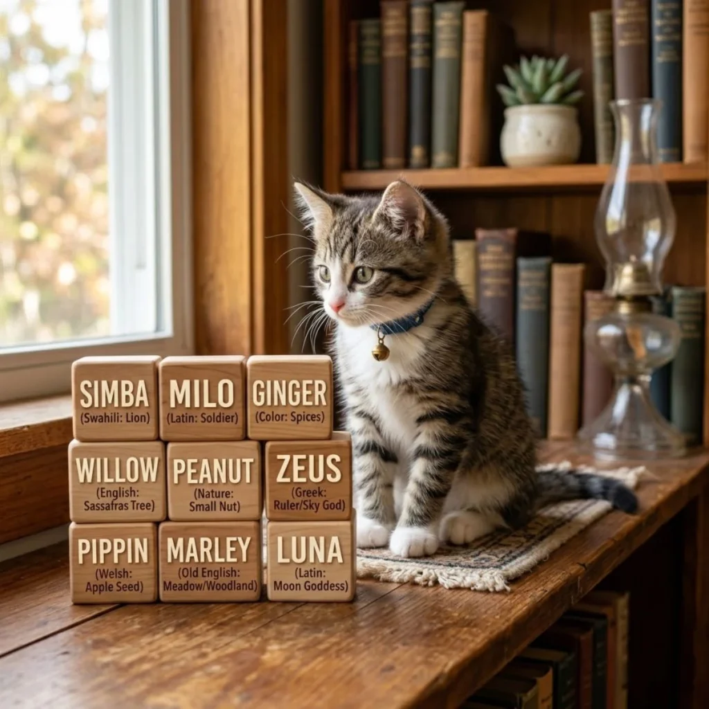 Small tabby kitten sitting by a window next to stacked wooden blocks displaying kitten names and their meanings