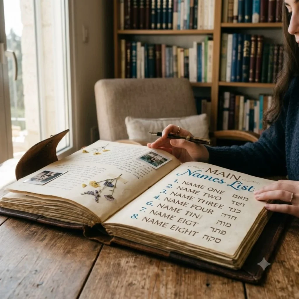 Woman holding a pen over a vintage scrapbook displaying a main names list with Hebrew translations.