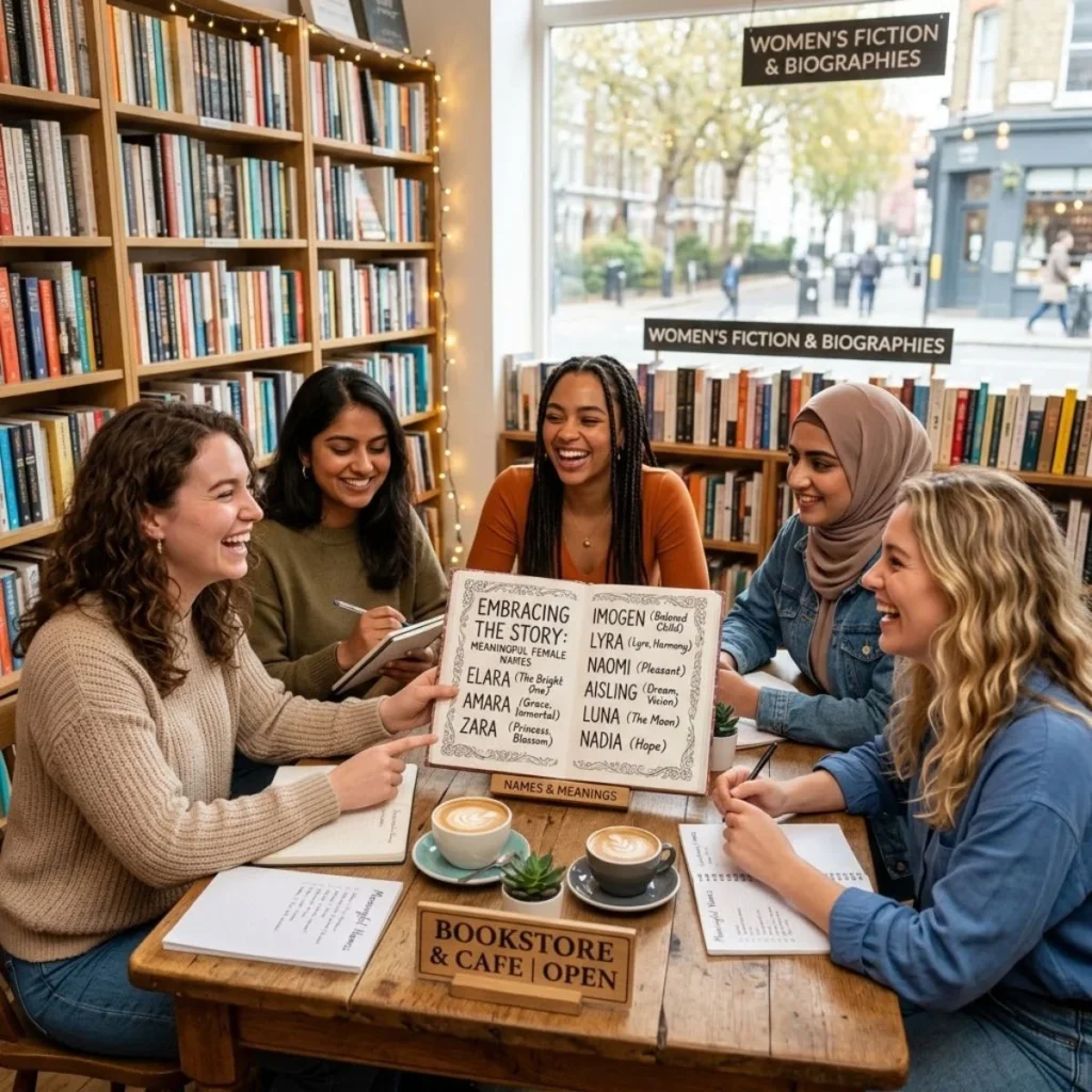 Smiling group of diverse women reading a book of female names with meanings at a cafe table.