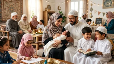 Smiling Muslim parents holding newborn surrounded by happy family in cozy home