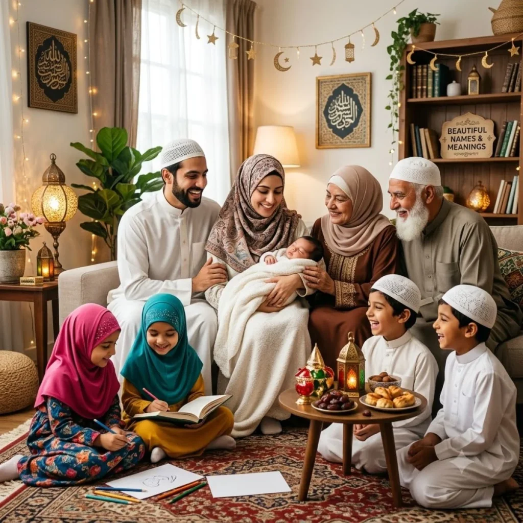 Muslim parents holding a newborn baby surrounded by grandparents and young children in a warm room