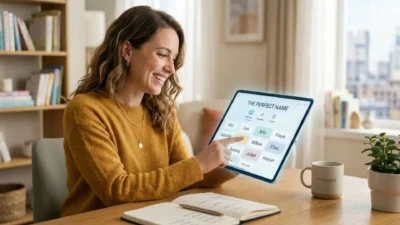 Smiling woman using a tablet app to choose the perfect name from a list on a screen in a bright room
