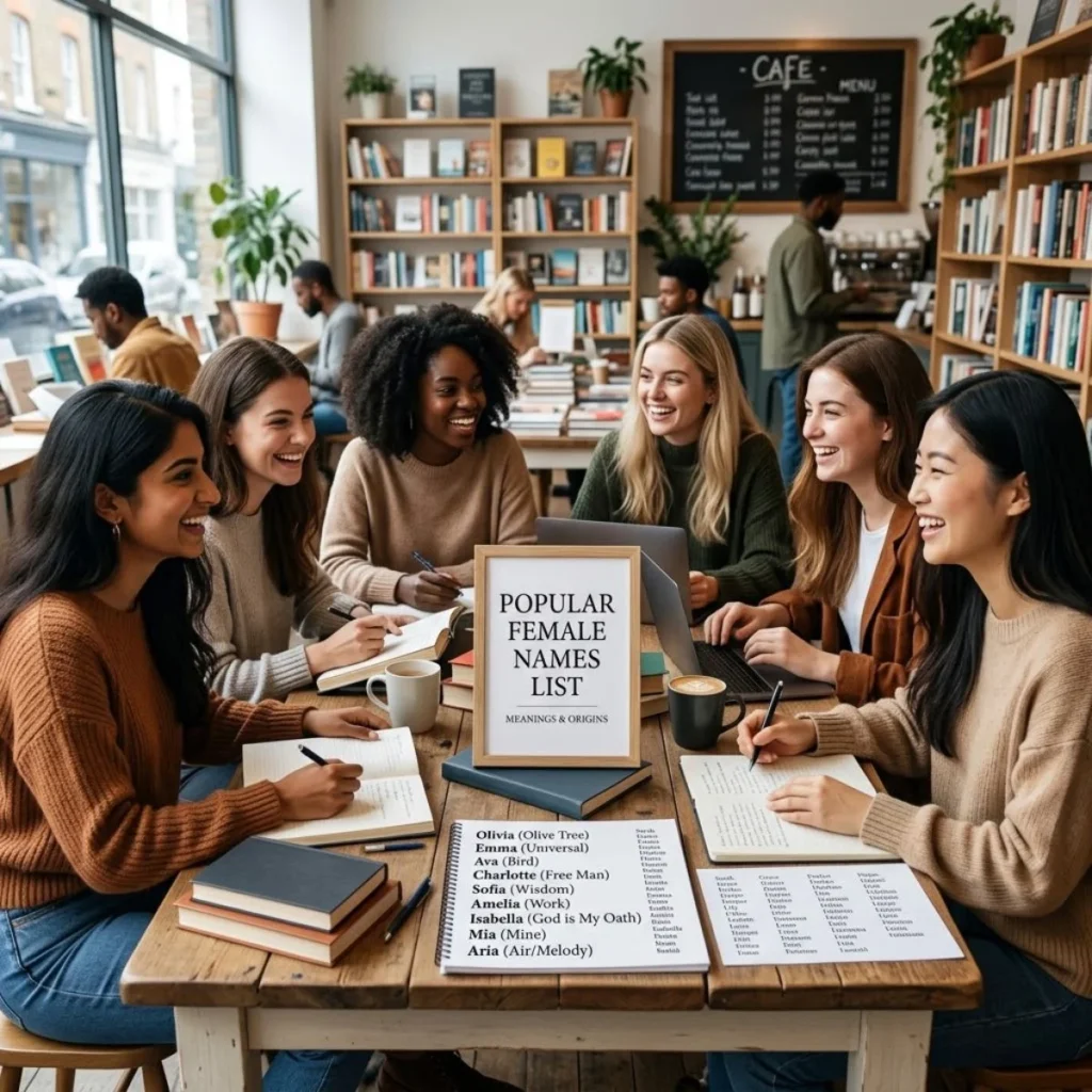 Happy women gathered around a table studying a popular female names list in a cafe library.