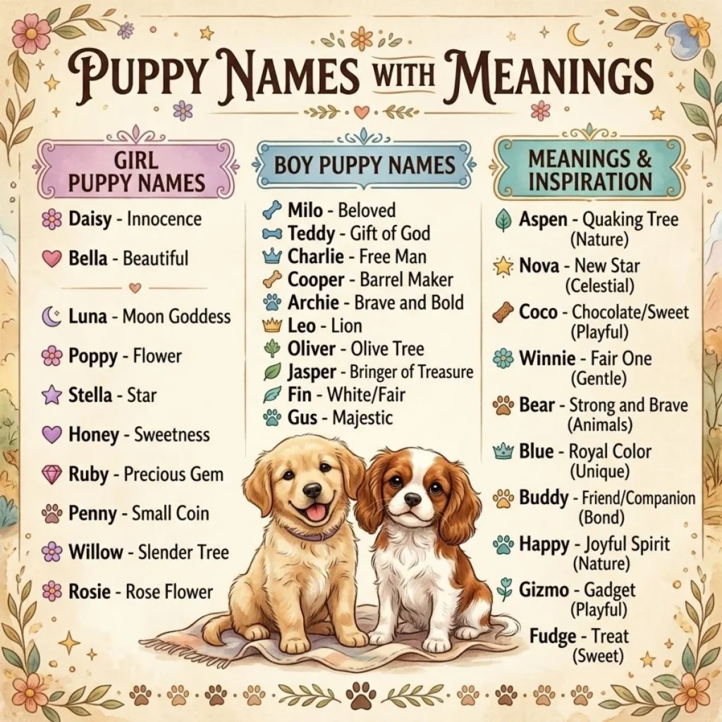 Two cute puppies sitting next to a chart of boy and girl puppy names with their meanings