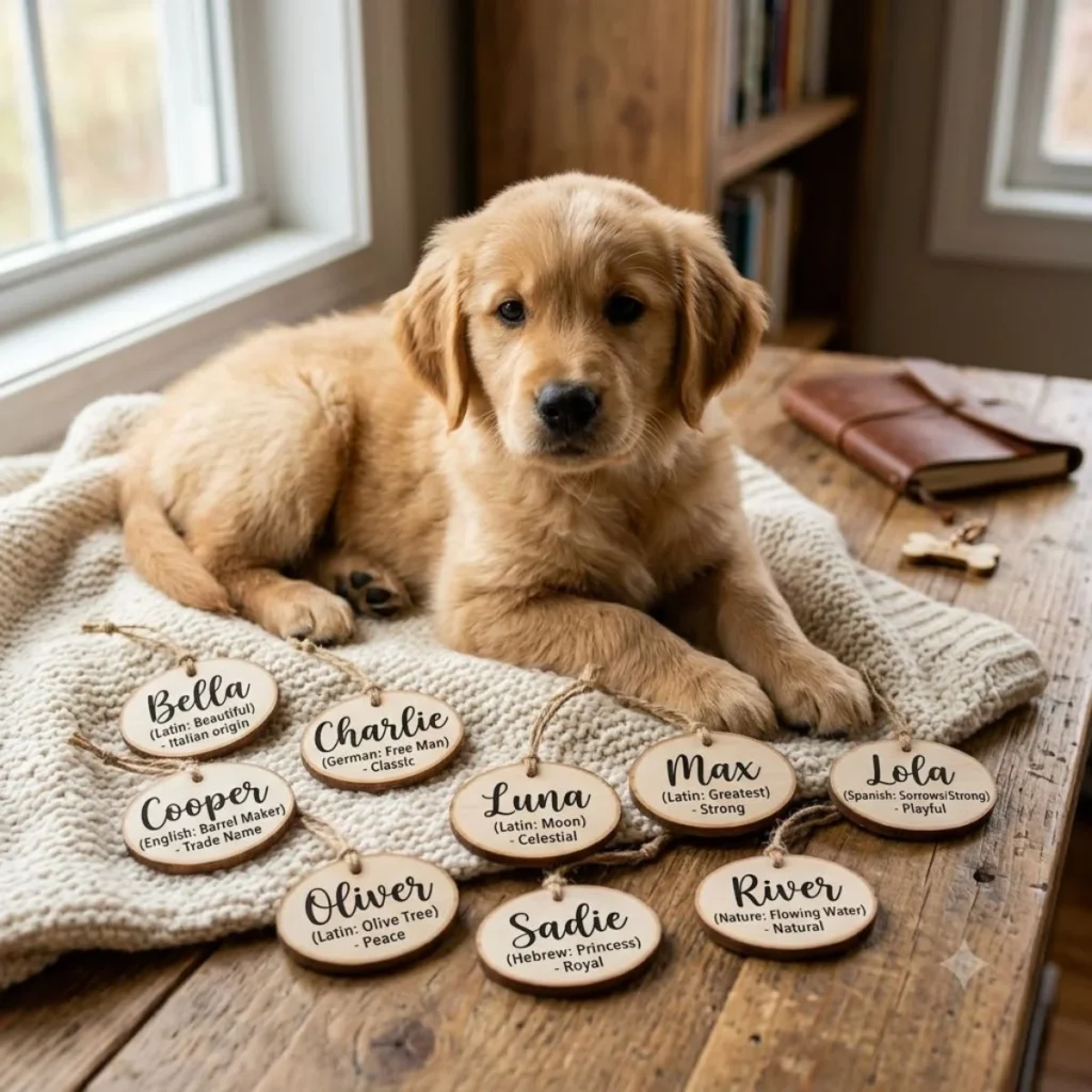 Golden retriever puppy lying on a blanket next to wooden tags displaying puppy names and their meanings