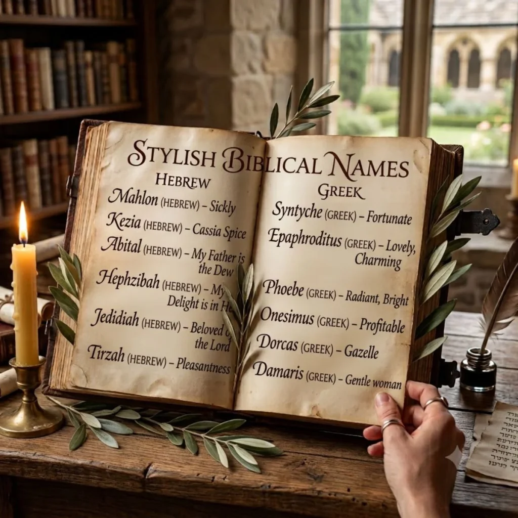 An open antique book showcasing stylish biblical names in Hebrew and Greek on a wooden desk lit by a candle.