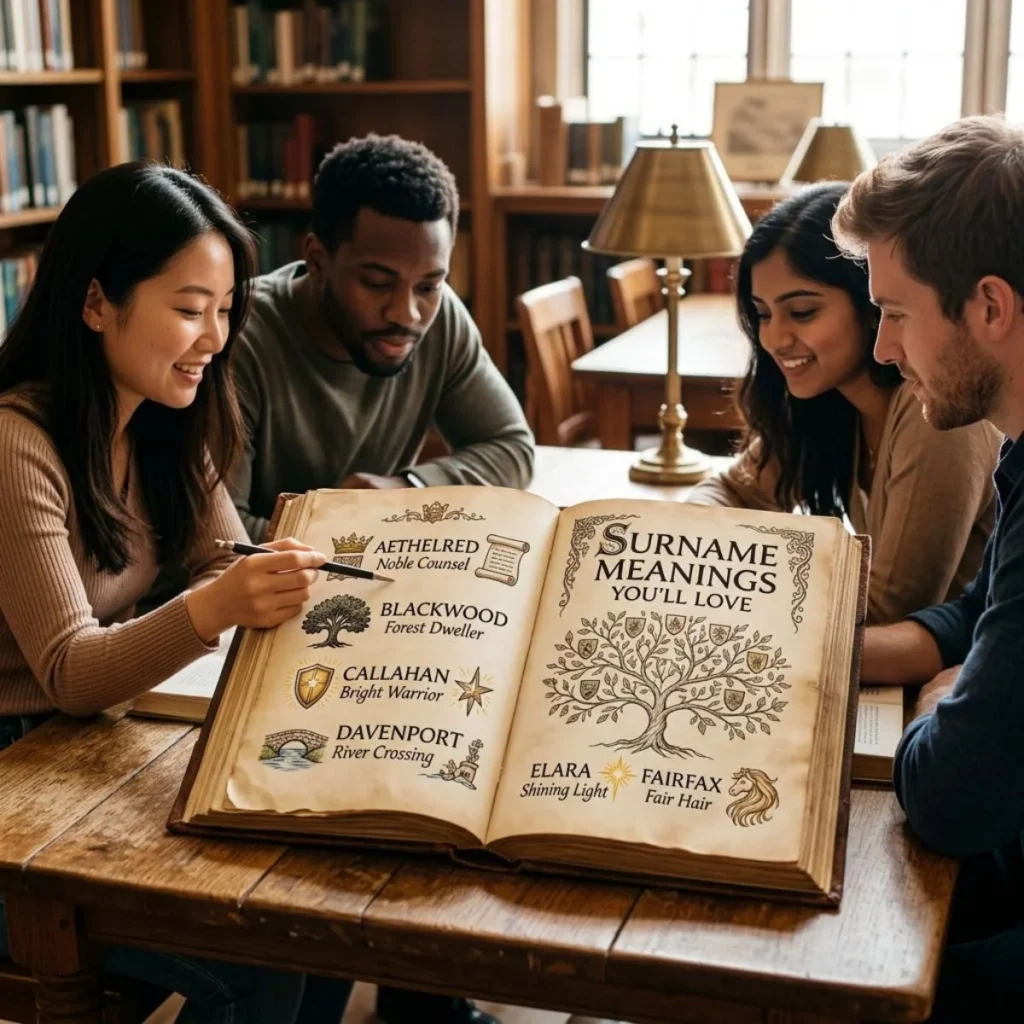 Students in a library looking at an illustrated antique book about surname meanings and origins