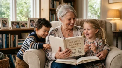 Smiling grandmother reading a personalized grandma names storybook with two happy young grandchildren at home.