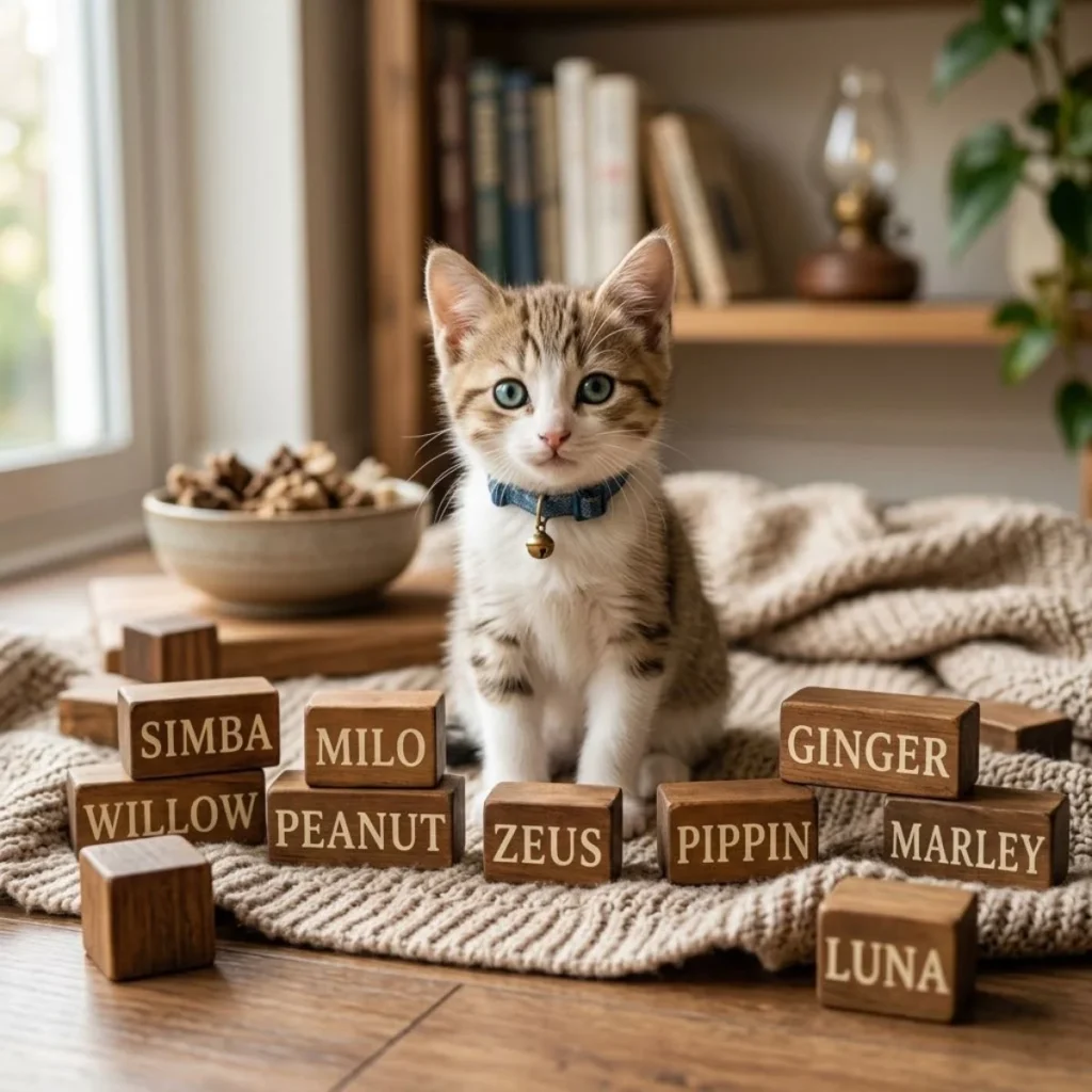 Cute striped tabby kitten sitting on a blanket behind wooden name blocks on a sunny floor