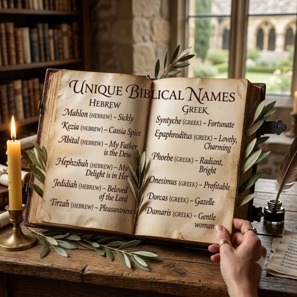 An open antique book showcasing unique Hebrew and Greek biblical names on a wooden table lit by a candlestick.