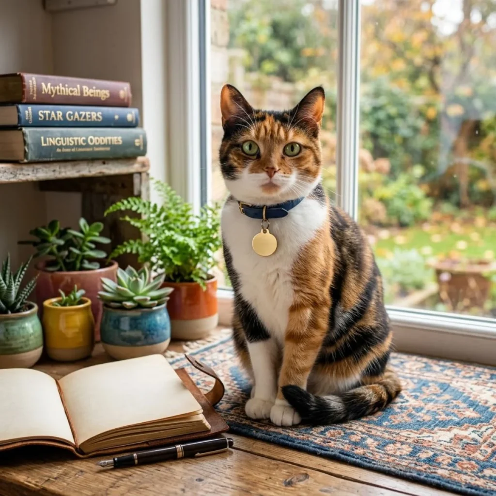 Calico cat with green eyes sitting near open notebook and house plants on a sunny windowsill.