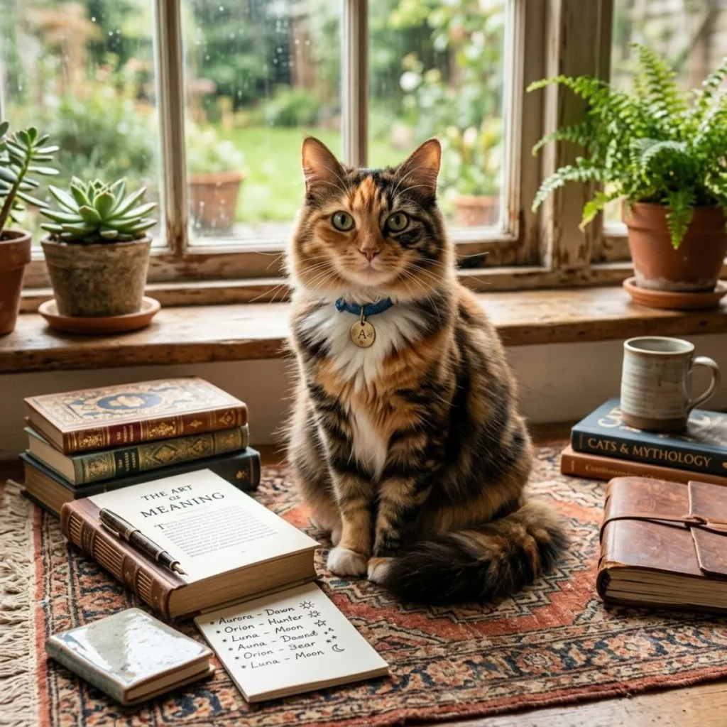 Longhaired calico cat sitting on an ornate rug near books and a list of names with meanings.