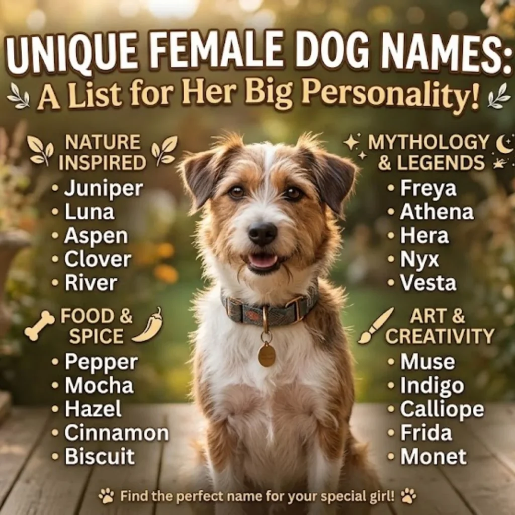 Cute scruffy brown and white dog sitting on a porch beside a list of unique female dog names.