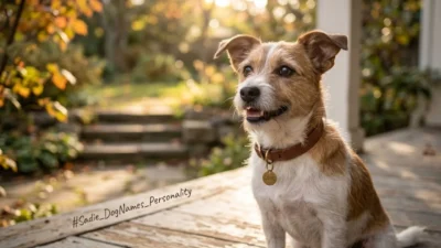 Small brown and white female dog sitting on a sunny rustic porch with a custom name tag.
