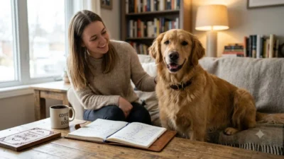 Golden retriever sitting next to a smiling woman on a couch beside a table with a coffee mug and notebook