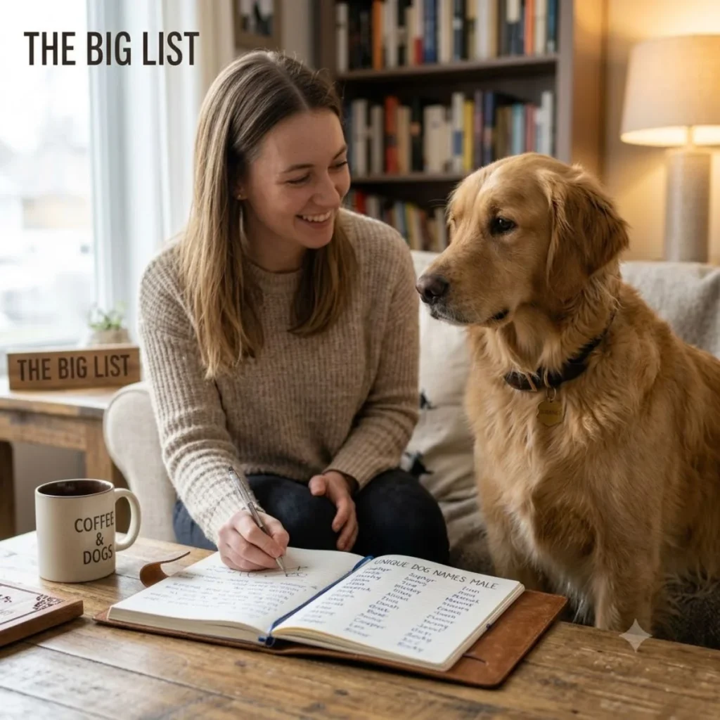 Woman writing unique male dog names in a notebook next to her golden retriever and a coffee mug