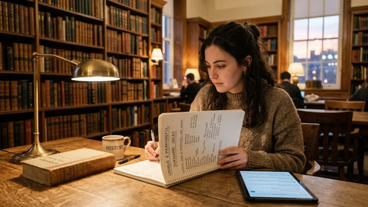 Woman in a vintage library writing unique and meaningful surname ideas in a notebook under a warm desk lamp