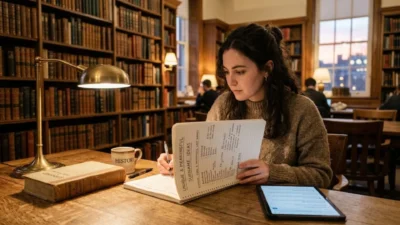 Woman in a vintage library writing unique and meaningful surname ideas in a notebook under a warm desk lamp