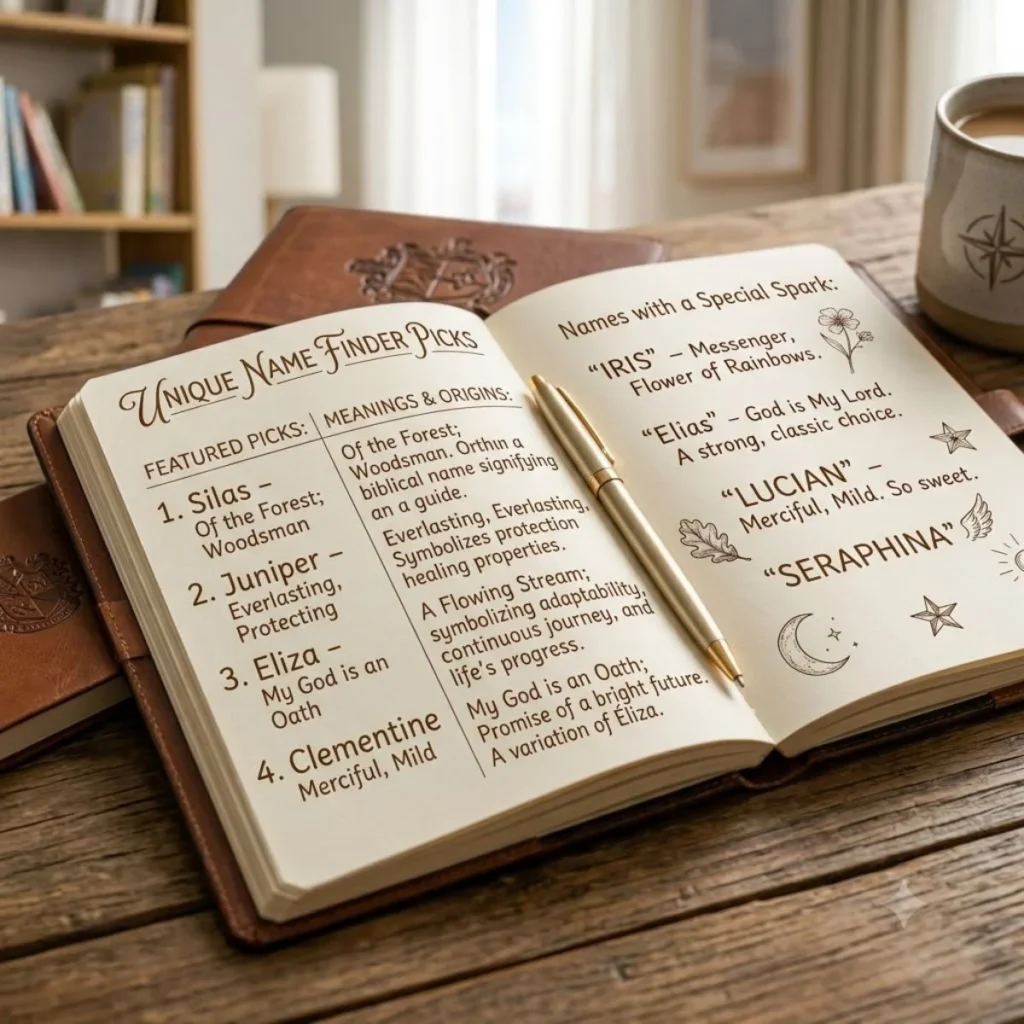 Open leather-bound diary with a list of unique names, meanings, and origins on a rustic wooden table with a pen