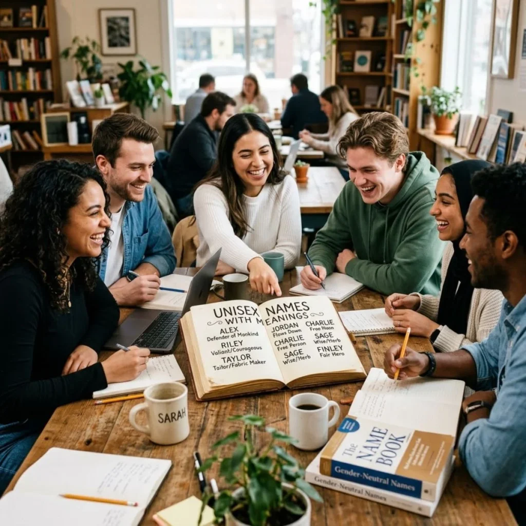 Diverse friends smiling around an open book titled Unisex Names with Meanings in a cafe.