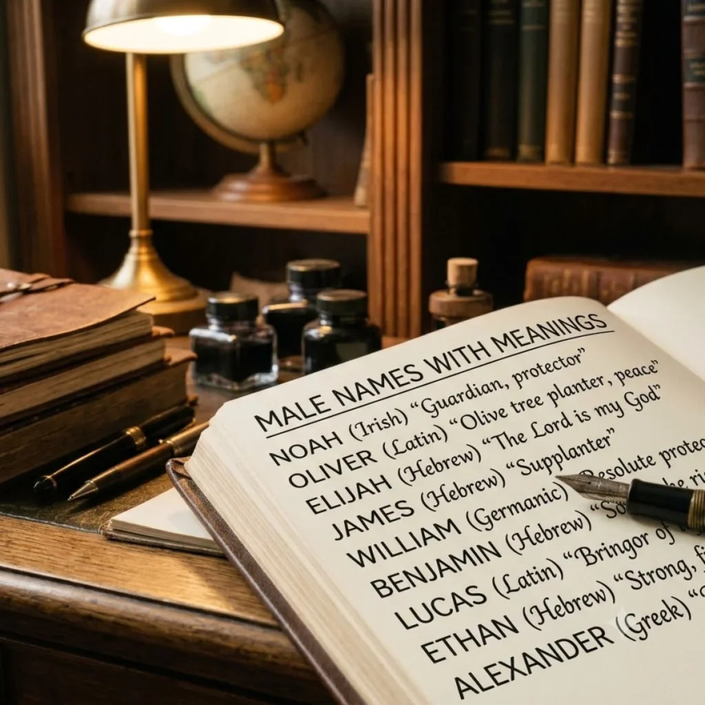 Open journal listing male names with origins and meanings on a wooden desk with a fountain pen.