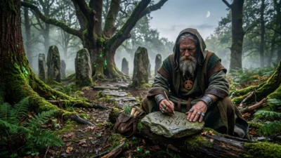 Elderly hooded druid carving ancient magical runes into a flat stone inside a mystical misty forest
