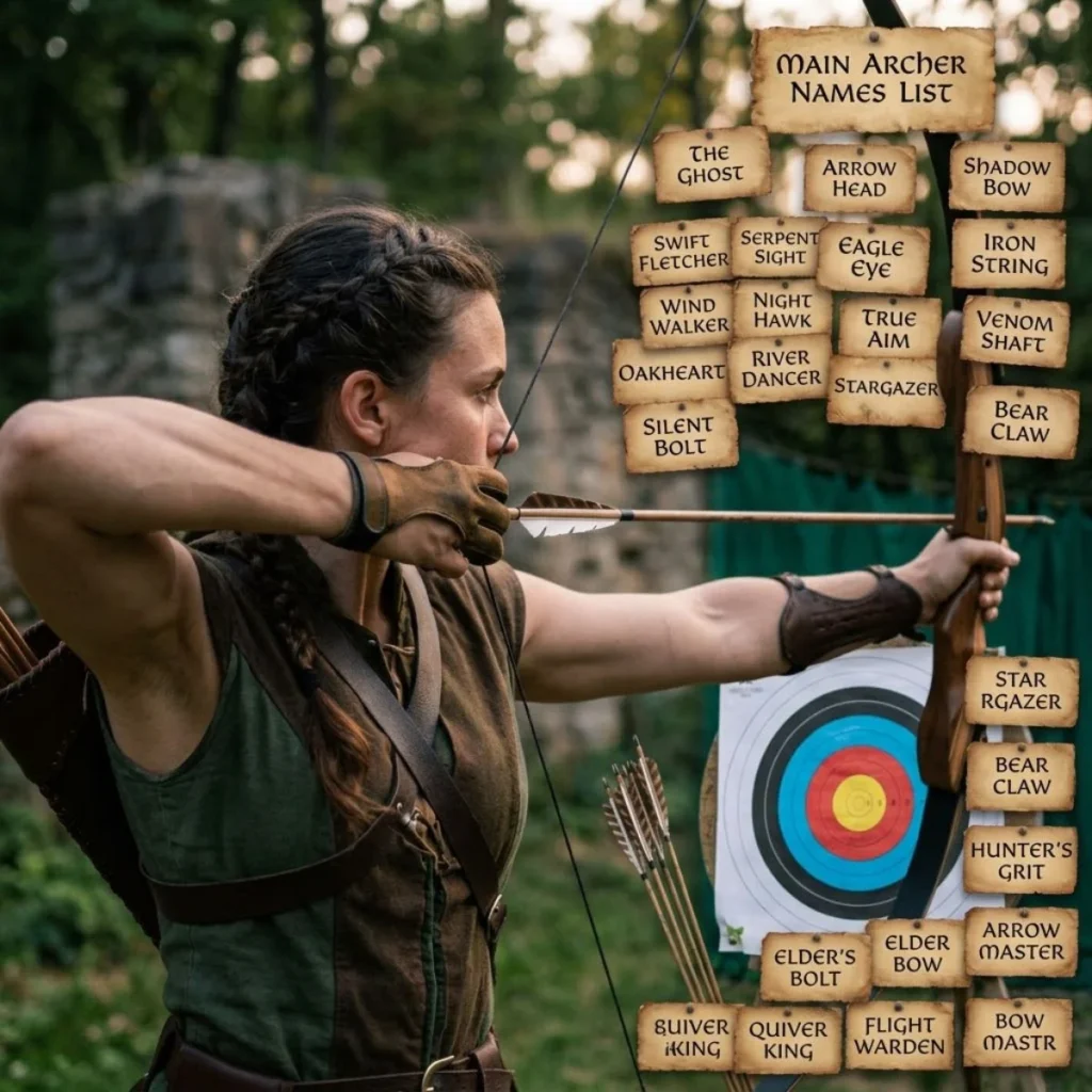 A female archer with braids aims her bow while surrounded by a list of name ideas on parchment tags.