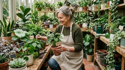 Smiling woman tending to potted plants with name labels in a bright greenhouse