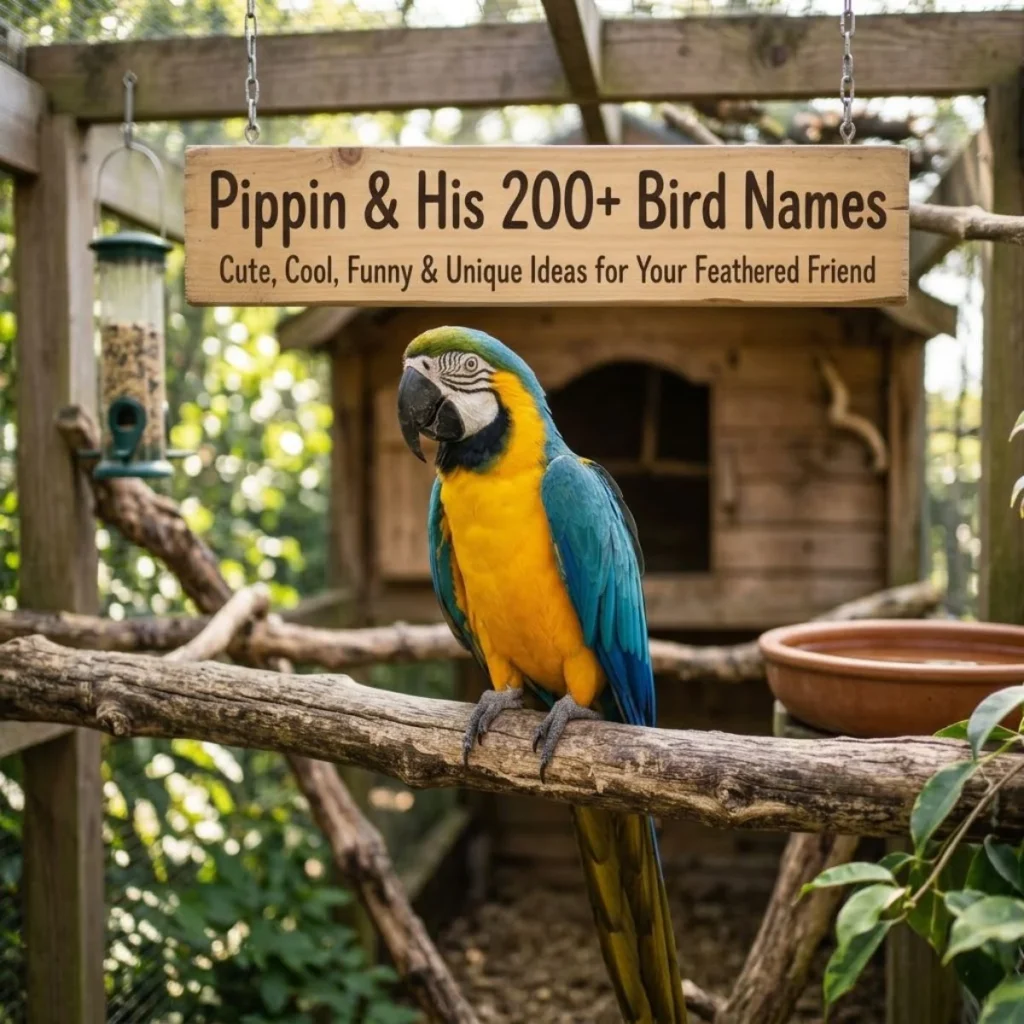 Blue and gold macaw perched on a branch beneath a wooden bird names sign inside a sunlit outdoor aviary