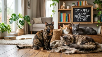 Diverse cats resting together in a cozy living room beside a framed sign about cat names.