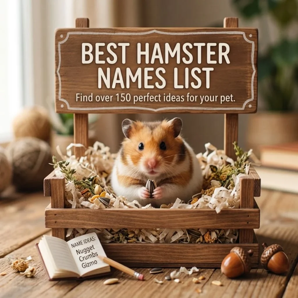Cute fluffy hamster eating a sunflower seed inside a wooden crate with a name sign.