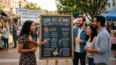 Woman pointing to a best last names chalkboard sign surrounded by smiling friends at an outdoor festival.