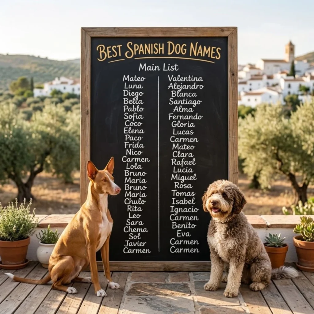 Two Spanish dogs sit beside a chalkboard displaying a list of Spanish dog names on a patio