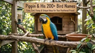 Blue and gold macaw sitting on a wooden branch beneath a sign about bird names in a bright outdoor aviary