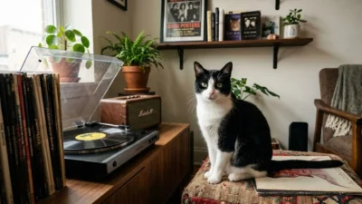 Black and white cat sitting on an ottoman beside a retro vinyl record player and stacked albums.