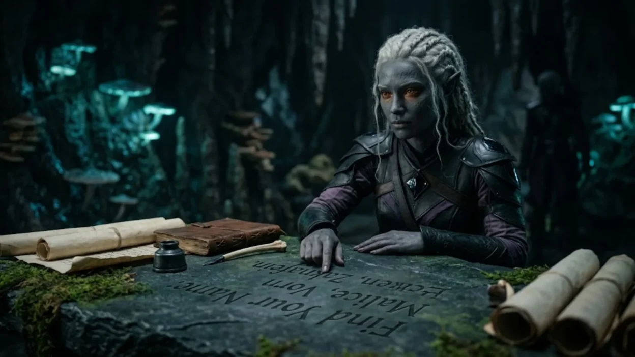 Drow elf in leather armor seated in a cavern reviewing carved names on a stone table