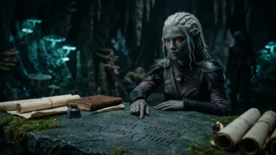 Drow elf in leather armor seated in a cavern reviewing carved names on a stone table