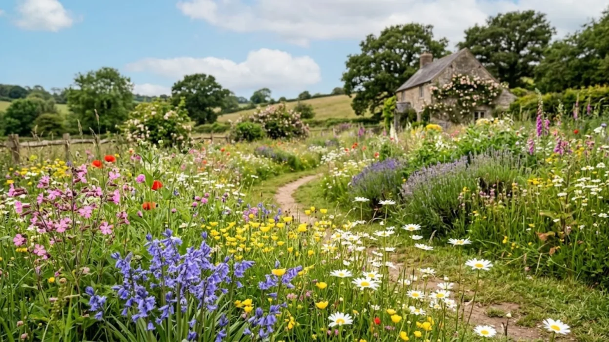 Lush English cottage garden with colorful blooming wildflowers, daisies, and lavender along a dirt path.