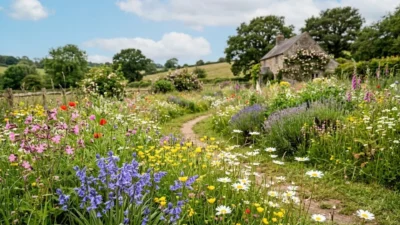 Lush English cottage garden with colorful blooming wildflowers, daisies, and lavender along a dirt path.