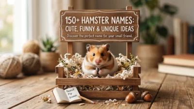 Cute Syrian hamster holding a sunflower seed inside a wooden crate with a name sign.