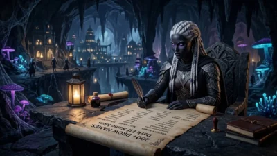 Drow female writing names on a scroll at a stone desk in an Underdark cavern