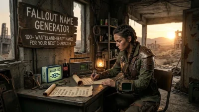 A female wasteland survivor in combat gear sits at a desk writing names on parchment by lantern light.