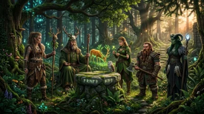 Diverse fantasy druids gathering around an ancient rune carved stone altar in a mystical forest.